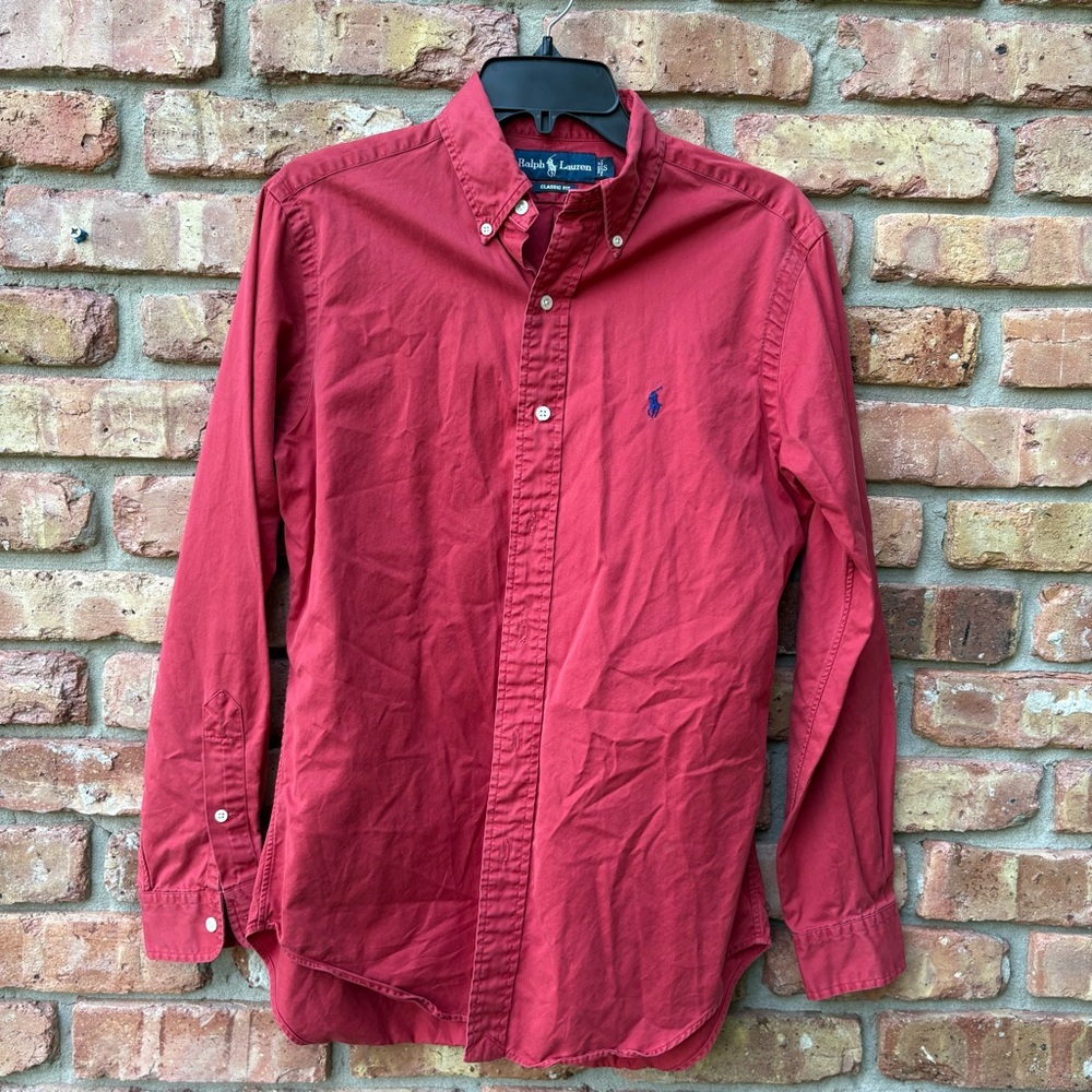 RAPLH LAUREN DARK RED LONG SLEEVE COTTON BUTTON DOWN SHIRT CLASSIC FIT SMALL